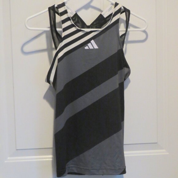 Adidas Sz Small Aeroready Pro Women's Tennis Y-Tank Top Black Gray White Stripe - Picture 16 of 16
